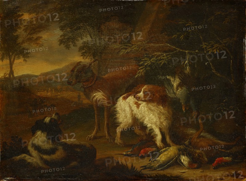 Dogs with dead game, oil on oak, 18 x 23 cm, Signed below on the stone in the middle: A Gryef f., ..., Adriaen de Grijf, Amsterdam um 1670–1715 Brüssel