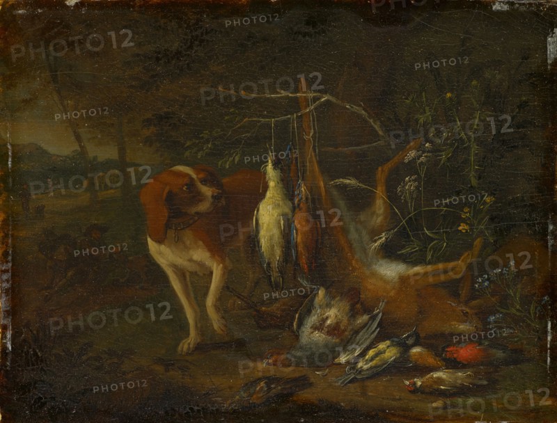 Dog with dead game, oil on oak, 18 x 23 cm, Signed left on the stone next to the large plant: A Gryef f, Adriaen de Grijf, Amsterdam um 1670–1715 Brüssel