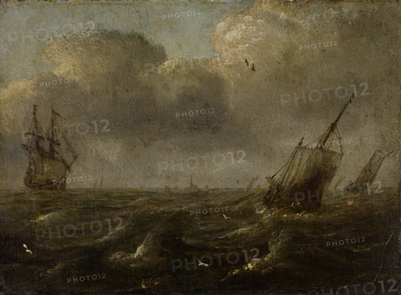 Moving sea with ships, oil on panel, 10.5 x 15.5 cm, Unsigned, Simon de Vlieger, (Art / style of), Rotterdam um 1600/01–1653 Weesp