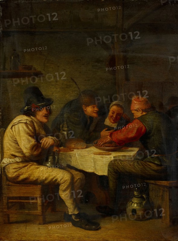 Farmer's meal, 1633, oil on oak, 28.5 x 22.5 cm, signed lower right on the stool: P De Bloot 1633, Pieter de Bloot, Rotterdam 1601–1658 Rotterdam