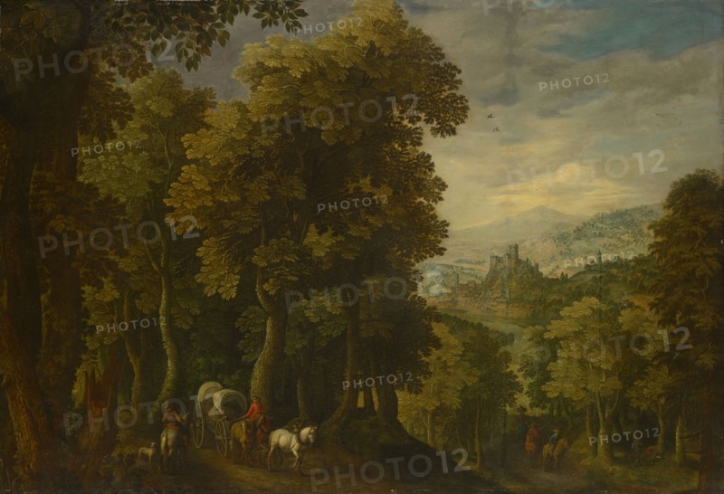 Forest landscape with touring car, oil on panel, 85 x 125 cm, not specified, Gillis van Coninxloo (3), (Art / style of), Antwerpen 1544–1607 Amsterdam