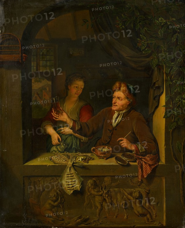 Fishmonger and Woman with Beer Mug, 18th C.?, Oil on oak, 35.8 x 29.2 cm, Willem van Mieris, (Kopie nach / copy after), Leiden 1662–1747 Leiden