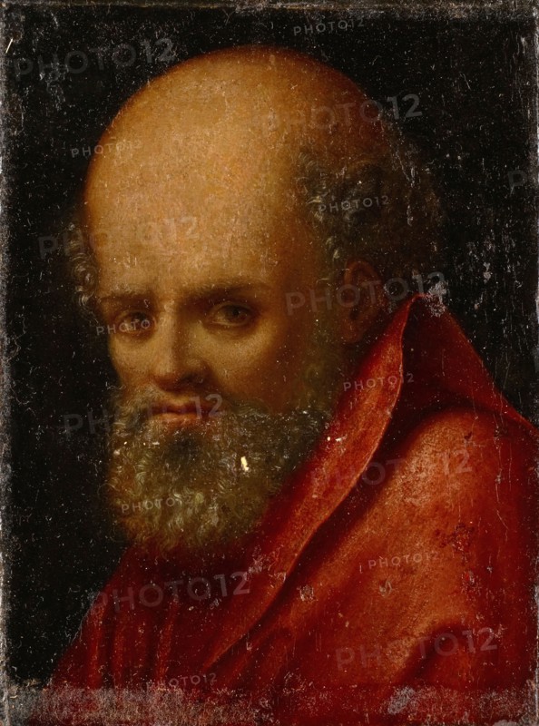 St. Peter or Paul (?), Oil on parchment, mounted on wood, 18 x 13.5 cm, unsigned, Deutscher Meister, 16. Jh., (?)