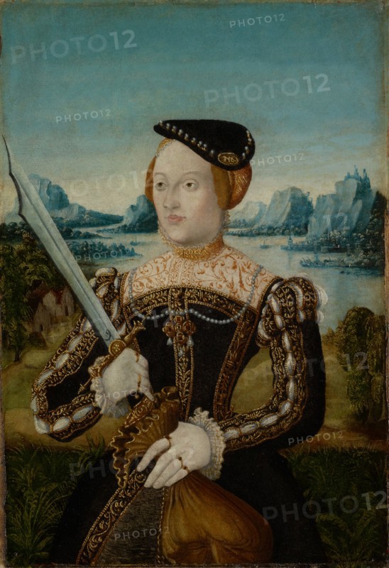 Portrait of a woman as Judith (?), Oil on paper, relined with canvas and mounted on modern wood panel, 42 x 28.5 cm, not marked, Deutscher Meister, 16. Jh.