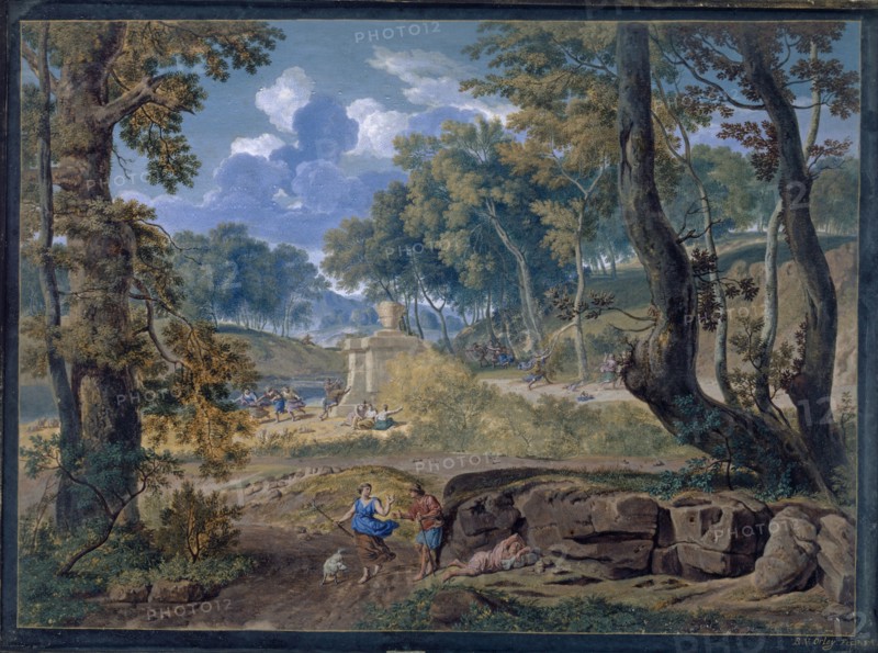 Arcadian Landscape, 1702, gouache on parchment, 13 x 26 cm, signed and dated lower right on the painted black framing: R.V., Orley, ., Fecit 1702., Richard van Orley, Brüssel 1663–1732 Brüssel