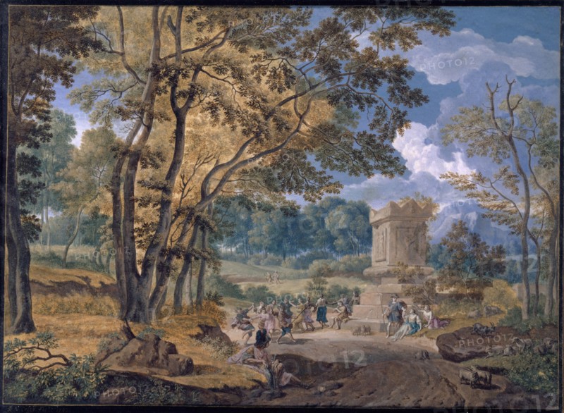 Arcadian Landscape, 1702, gouache on parchment, 13 x 26 cm, signed and dated lower left in gold on the painted black framing: R. V. Orley., Fecit 1702., Richard van Orley, Brüssel 1663–1732 Brüssel