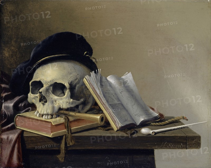 Still Life with Skull, Books, Flute and Whistle, 1632-1660, oil on oak wood, 20 x 26 cm, Signed on the tabletop on the right: H. Steenwijck, Harmen Steenwyck, Delft 1612– nach 1656