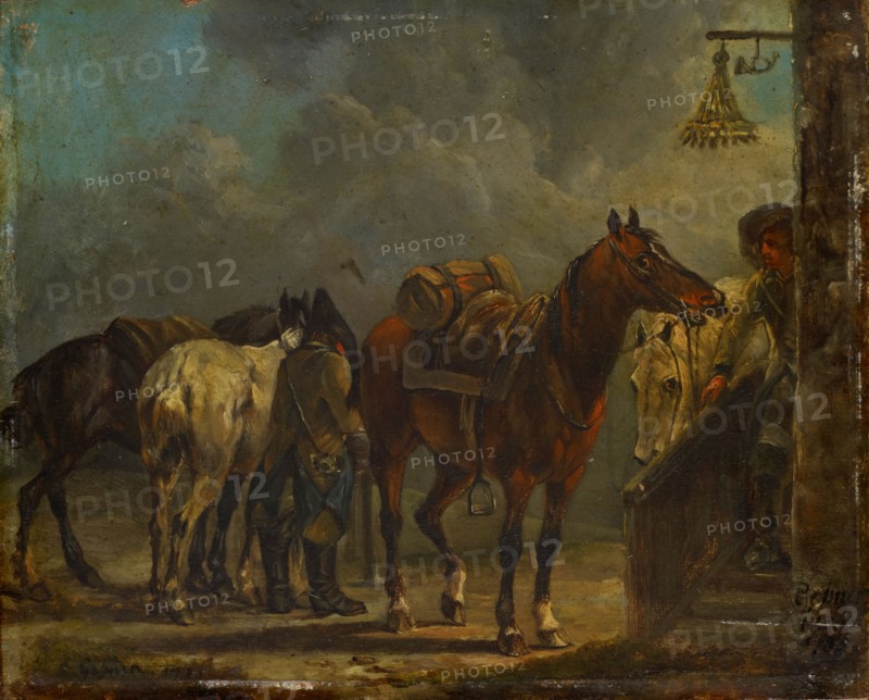 Halt at the tavern, 1785, oil on oak wood, 21 x 26 cm, inscribed and dated lower left: C. Geßner 1785, and right next to the steps: Gessner, including difficult to read year, Conrad Gessner, Zürich 1764–1826 Zürich