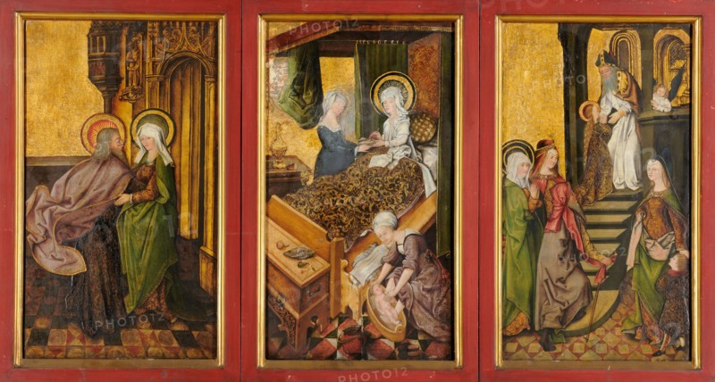 Joachim and Anna at the Golden Gate, Birth of Mary, Tempelgang Mariens, 1503, Mixed media on fir wood, 52 x 31.5 cm (each panel), Not marked., On the pedestal of the sculpture at the Golden Gate: ABRA HAM, on the walls in the midst of meaningless combinations of letters repeatedly fragments of text, as in the cloak of Joachim: VM • THE • WILEN, the Anna in front of the Golden Gate: GAN • ZV [O] •, MIR • GOT • WILKVM, Ambrosius Skeit, wahrscheinlich tätig um 1500 in Schwaben