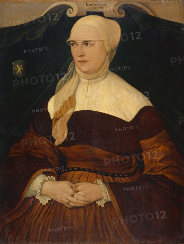 Portrait of Anna Hungerl, wife of the Munich councilor Joseph Schowinger von Wyl (?), 1553, oil on maple wood (?), 55.5 x 42.5 cm, Not specified, but dated in the scrolled cartouche: IERES ALTES [sic!] • 26 • /, ANNO 1553, Hans Mielich, (Art (?) / style of (?)), München 1516–1573 München