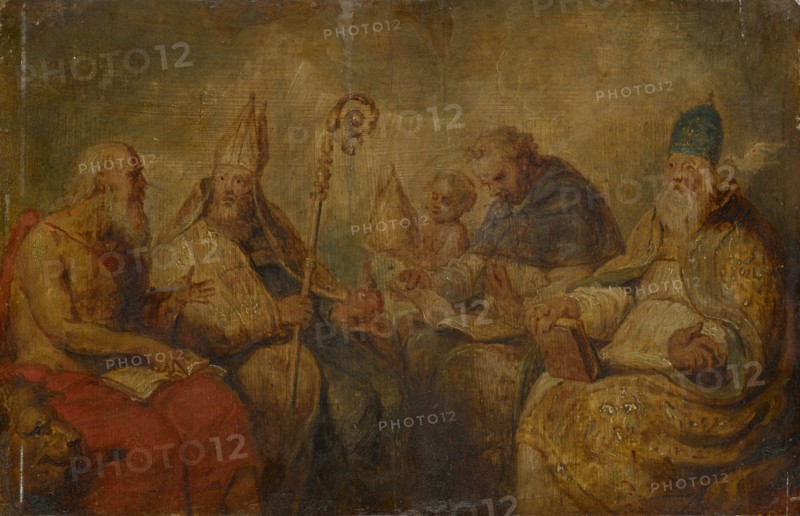 The Four Latin Fathers of the Church, oil on panel, 25.5 x 39 cm, unsigned, Jacob Jordaens (1), (Schule / school), Antwerpen 1593–1678 Antwerpen