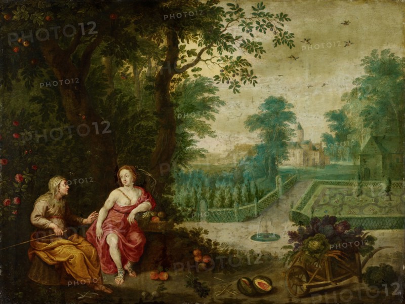 Vertumnus and Pomona, oil on copper, 55 x 73 cm, inscribed on the reverse with illegible ligated artist monogram, Pieter van Avont, (Art / style of), Mecheln 1600–1652 Deurne b. Antwerpen