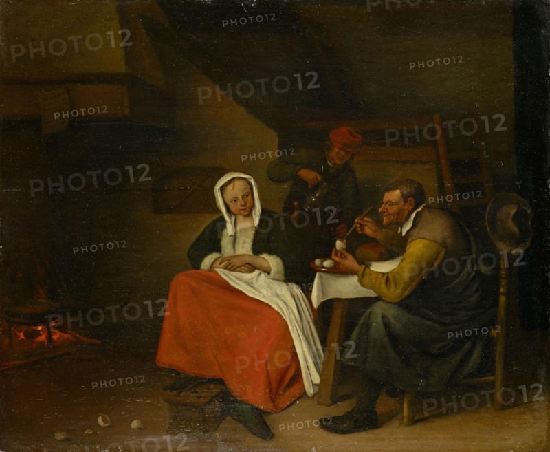Farmer eating eggs, oil on panel, 39.5 x 48 cm, Signed lower middle on the foot warmer: JSteen [JS ligated], Jan Steen, Leiden 1626–1679 Leiden