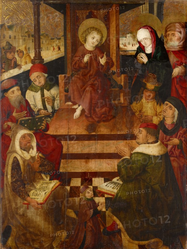 The twelve-year-old Jesus in the temple with a kneeling benefactor, c. 1460/1470, mixed media on wood, 115 x 85 cm, unmarked, Hans Pleydenwurff, (Umkreis / circle), Bamberg (?) um 1425–1472 Nürnberg