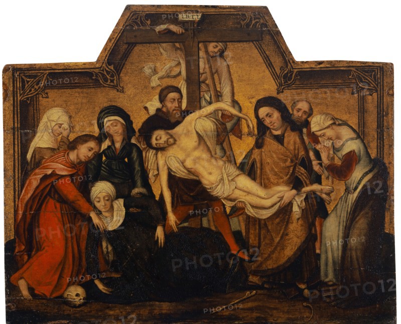 Descent from the Cross, 16th C., oil on oakwood, 40 x 33 cm, unmarked., Crosstitulus: i n r i, Marcellus Coffermans, (Werkstatt / workshop), 1530–1578, Rogier van der Weyden, (Kopie nach / copy after), Tournai 1399/1400–1464 Brüssel