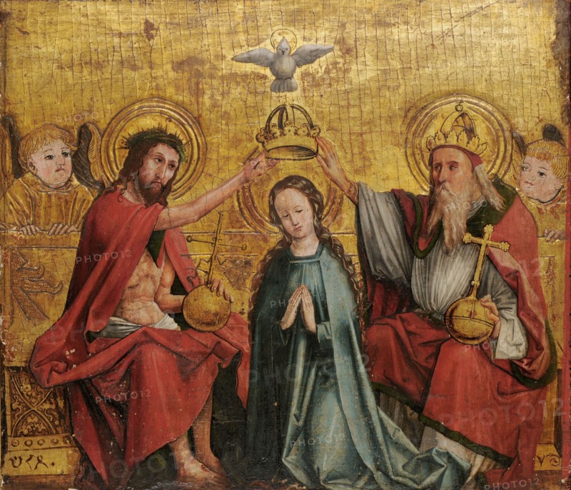 Coronation of the Virgin Mary, early 16th century, mixed technique on coniferous wood, 51 x 58 cm, not marked (?)., On the base plate of the throne bench in the lower left in dark red color Fantasy Hebrew, on the right possibly the letters VS, Oberrheinischer Meister, 16. Jh.