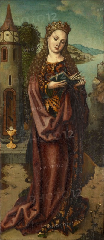 St. Barbara, 1509, mixed media on wood, 71.7 x 31.1 cm, unmarked, however, dated and inscribed on the reverse: Anno 1 • 5 • 0 • 9 Jor •, • vff • the • four • day • of •, • mint • do • is • ver •, • divorced • barbel • young, •, man • the • got • genius •, • vnd • barmhertzig • sig, Basler Meister, 16. Jh.