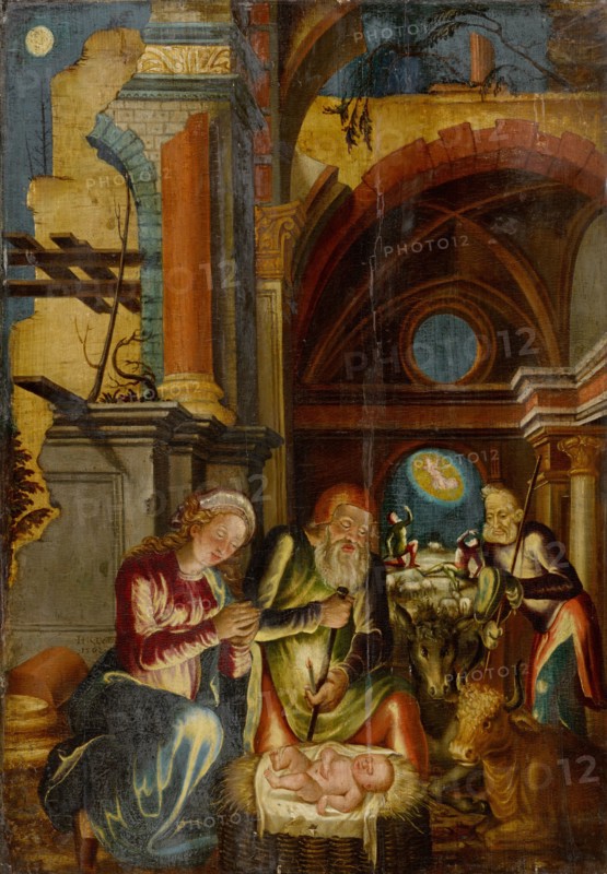 The Nativity, 1562, oil on fir wood, 63 x 43.5 cm, Signed and dated on the pedestal to the left of Mary: • I • HKLVBER • 1562 •, Hans Hug Kluber, Basel 1535/36–1578 Basel