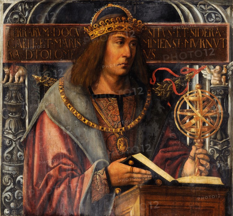 Ideal portrait of Ptolemy, oil on fir wood, 64 x 69 cm, unmarked., On the inscription: TERRARVM.DOCV.SITVS., ET.SIDERA./ CAELI.ET.MARIS.MIMENSI.MVRNVT, RA.DTOLOMEVS, Ambrosius Holbein, (Umkreis / circle), Augsburg um 1494 – um 1519 Basel (?)