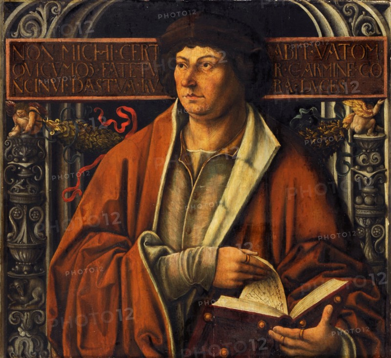 Ideal portrait of the Vergil, oil on fir wood, 63.5 x 67.5 cm, unsigned., On the inscription: NON.MICHI.CERTABIT.VATOM.QVICUMQ [UE] .FATETVR.CARMINE.CO, NCINVI.DASTVA.RVRA.DUCES, Ambrosius Holbein, (Umkreis / circle), Augsburg um 1494 – um 1519 Basel (?)