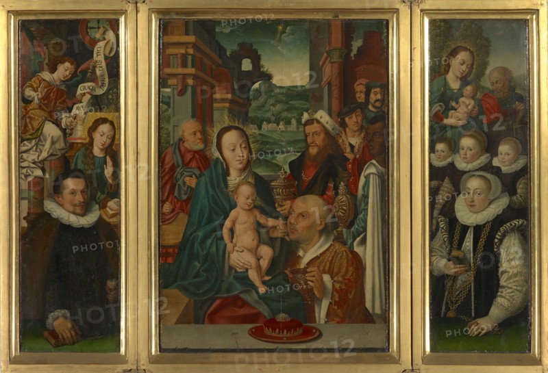 Adoration of the Magi (middle panel), Annunciation with donor, flight to Egypt with donor figures (wing inside), hl, ., Georg, hl., Christophorus (outer sides of wing), around 1525/30 and additions at the end of the 16th, beginning of the 17th century, oil on oak, 73 x 50 cm (center panel) |, 71 x 21 cm (wings), Not specified, Bartholomäus Bruyn d. Ä., Niederrhein 1493–1555 Köln, Geldorp Gortzius, Löwen 1553–1616 Köln