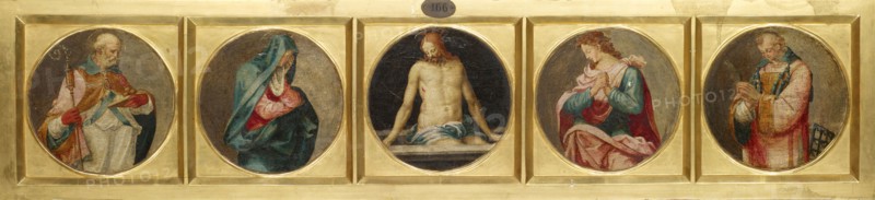 Five circular pictures: hl., Nicholas of Myra, Mary, Christ, John the Evangelist, hl., Laurentius, tempera on wood, 15 x 15 cm (each round picture), not marked, Franciabigio (Francesco di Cristofano di Giudicis), Florenz 1484–1525 Florenz