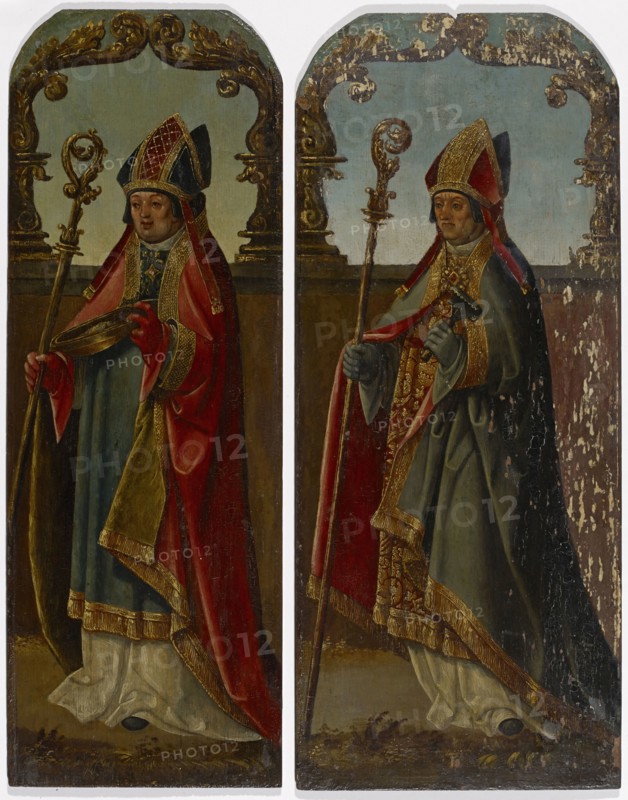 Two bishops (St. Ulrich and St. Blaise), 16th century, oil on oak wood, (St. Ulrich, St. Blaise: 54.5 x 22.8) 54.5 x 19.3 cm, unsigned, Jakob Cornelisz. van Oostsanen, (Werkstatt / workshop), Oostzaan um 1472/77–1533 Amsterdam