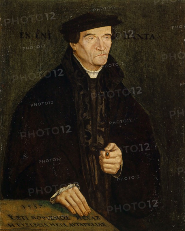 Portrait of Bonifacius Amerbach, 1557, oil on walnut, 51 x 40 cm, side of the head Greek inscription: 'EN,' ENÌ, PÁNTA:, on the plate in the foreground Date and Greek motto: 1557 ESTI PORISMOS MEGAS E EUSEBEIA, META AUTAPKEIAS, Jacob Clauser, Zürich um 1520/25 – um 1578/79 Mulhouse