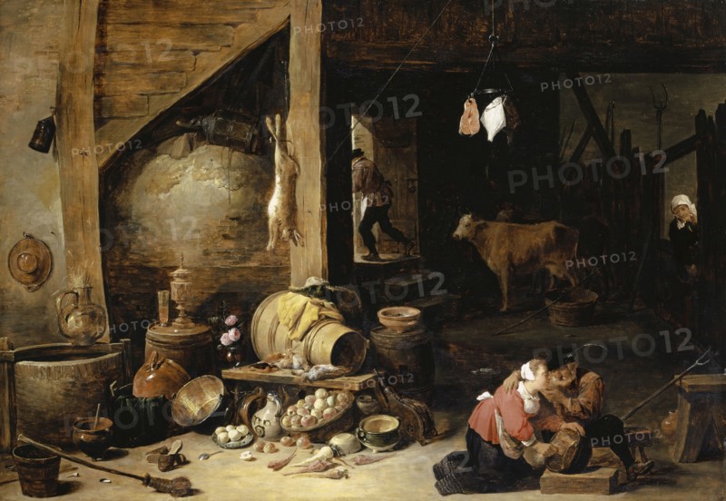 In the stable, around 1643, oil on oak, 61.2 x 87.5 cm, signed on the wooden block bottom right: D. TENIERS., F, David Teniers d. J., Antwerpen 1610–1690 Brüssel