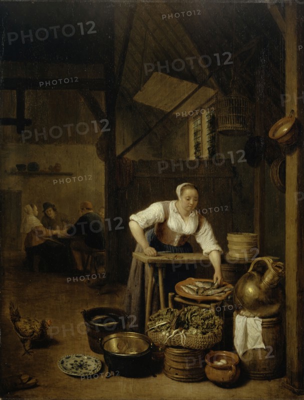 Maid on gutting fish, 1657, oil on oak, 52.5 x 40 cm, dated and signed on the barrel bottom right: 1657 HM., Sorgh (M inscribed in H), Hendrick Martensz. Sorgh, Rotterdam um 1611–1670 Rotterdam