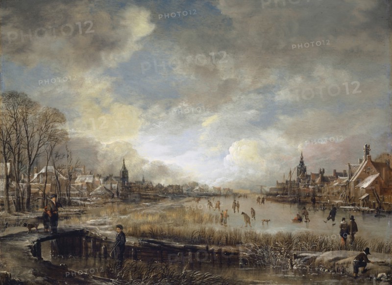 Two towns on a frozen river with golfers and ice skaters, around 1660/65, oil on oak, 40.1 x 53.9 cm, monogrammed lower left: AV, DN [each ligated], Aert van der Neer, Amsterdam 1603/04–1677 Amsterdam