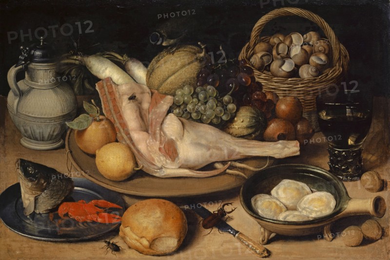 Still Life with Veal Leg, Insects and Tit, c. 1615 (?), Oil on canvas, 44.5 x 66.2 cm, unspecified, Georg Flegel, Olmütz 1566–1638 Frankfurt a. M.