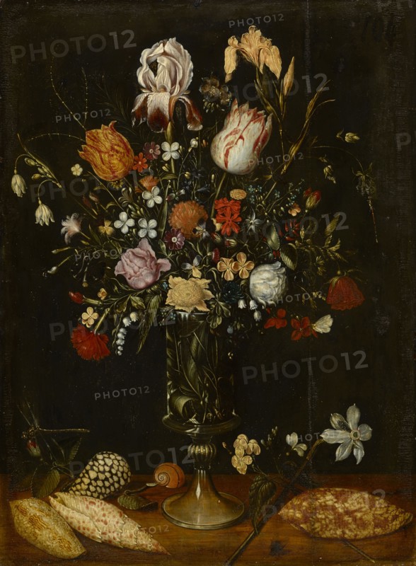 Still Life with a Bouquet in High Glass Foot, Oil on Oak, 52.8 x 39 cm, Unmarked, Niederländischer Meister um 1600
