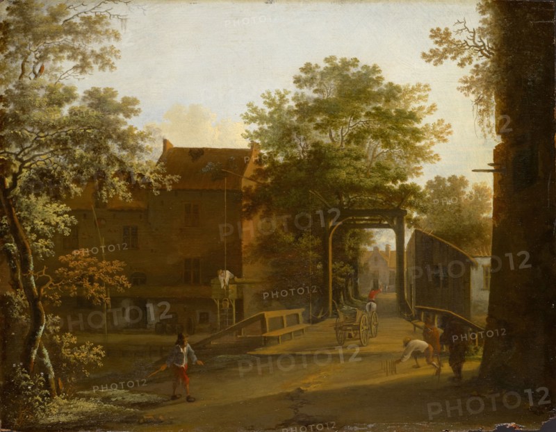 Village street with drawbridge, oil on oak wood, 27 x 34.5 cm, originally fully inscribed lower right, now illegible, Jan Both, Utrecht (?) um 1615/18–1652 Utrecht
