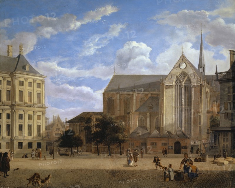 The Dam in Amsterdam against the Town Hall and Nieuwe Kerk, c. 1670, oil on oak, 44.9 x 56 cm, signed lower right: Heyde, Jan van der Heyden, Gorinchem 1637–1712 Amsterdam