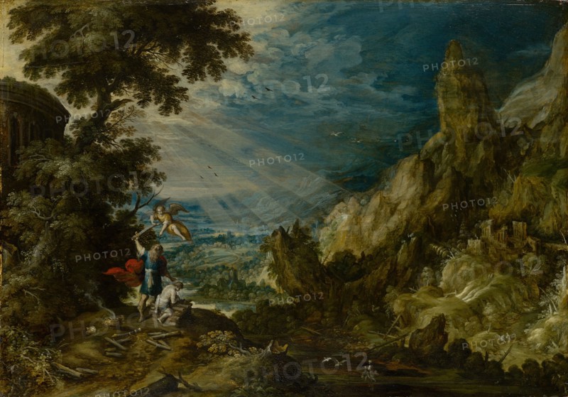 The Sacrifice of Isaac in Wild Rock Valley, Oil on Oak, 42.5 x 60.5 cm, Unmarked, Kerstiaen de Keuninck, Kortrijk um 1560–1632/1633 Antwerpen
