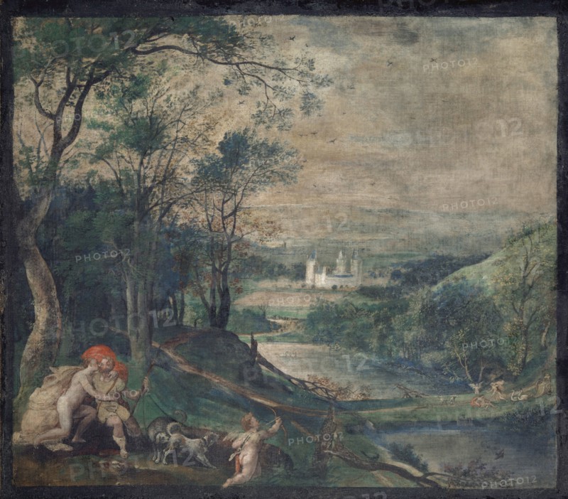 Venus and Adonis in wooded landscape in front of the castle Beersel, 2nd half of the 16th century, tempera unvarnished on unprimed canvas (handkerchief painting), wax-doubled, 38.1 x 44.2 cm, not marked, Niederländischer Meister, 16. Jh.