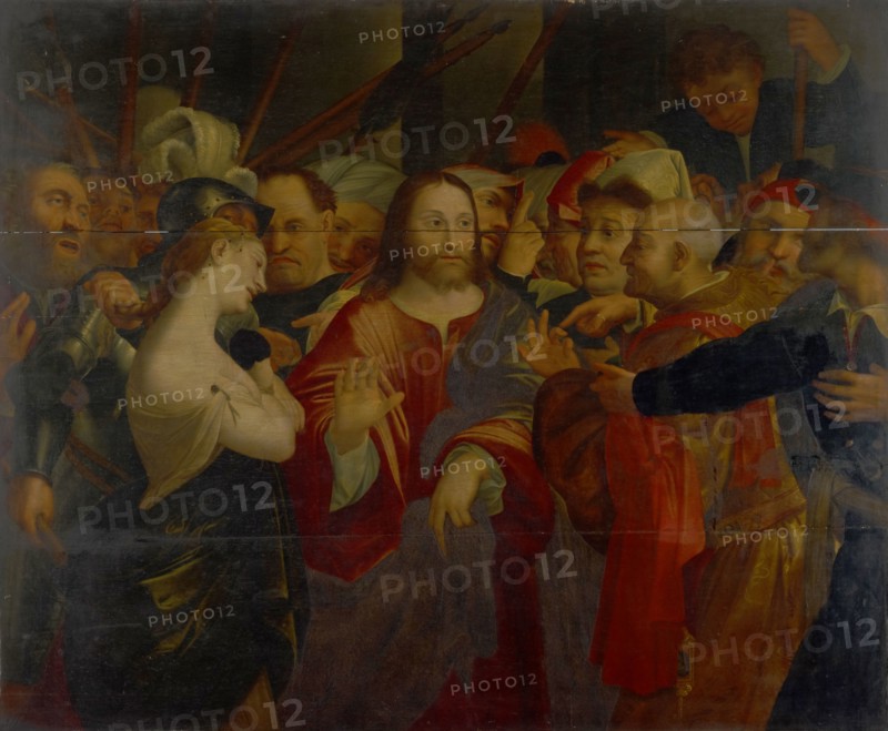 Christ and the Adulteress, Oil on Oak, 111 x 135 cm, Unmarked, Lorenzo Lotto, (Alte Kopie nach / old copy after), Venedig um 1480–1556 Loreto, Französischer Meister, 16. Jh.