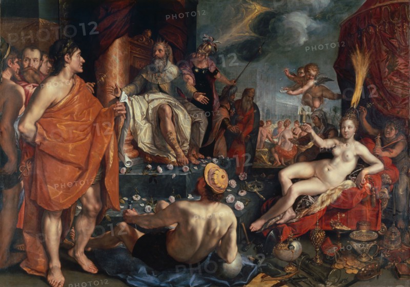 Hermes presents Pandora to King Epimetheus, 1611, oil on canvas, 181 x 256.8 cm, monogrammed and dated: HG. [Ligated], A ° 1611. on the upper throne, on a tool right on the ground again the year: 1611, Hendrick Goltzius, Mühlbrecht 1558–1617 Haarlem