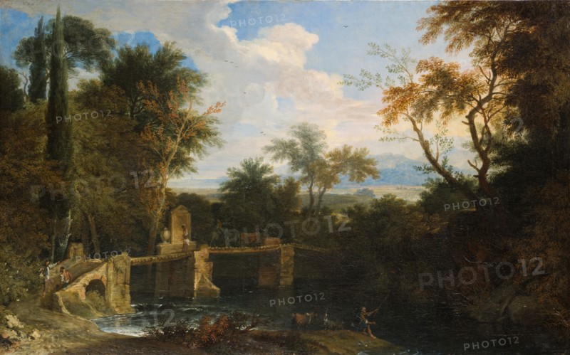 Italianizing river landscape with wooden temporary bridge, oil on canvas, 76.5 x 125 cm, signed on the back of the pillar next to the cypress trees: Frans, Beich, Franz Joachim Beich, Ravensburg 1665–1748 München