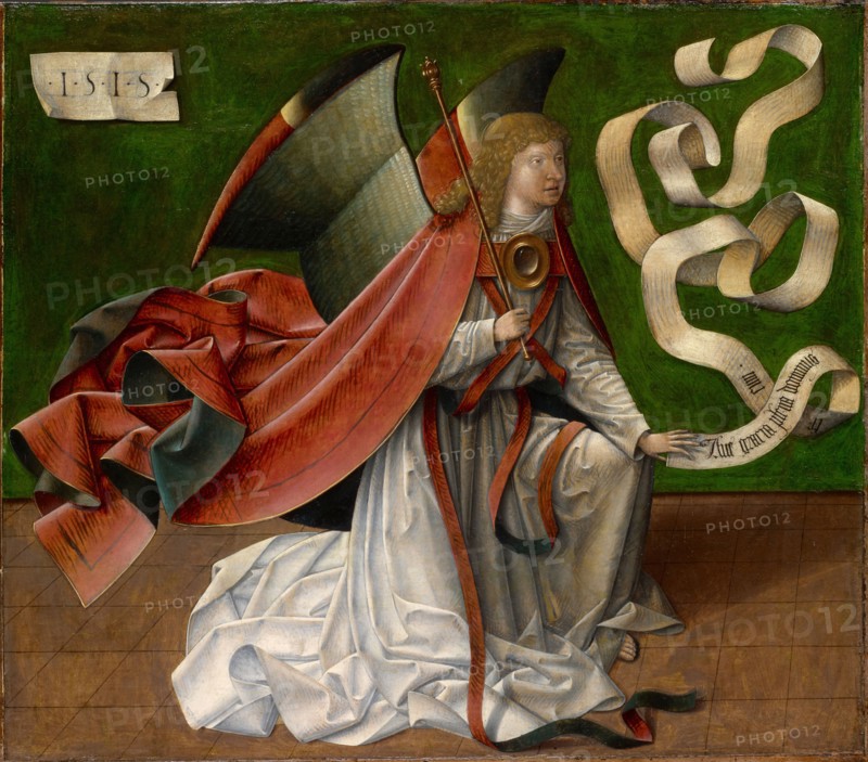 Annunciation to Mary: The Archangel Gabriel, 1515, mixed media on oak wood, 67 x 75 cm, unmarked, dated on the left: 1515, on the rotulus: Ave gracia plena dominus, te, cum •, Elsässischer Meister, 16. Jh.