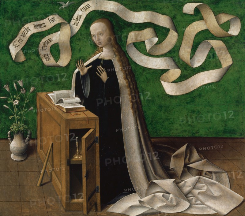 Annunciation to Mary: Maria annunziata, 1515, mixed media on oak wood, 67 x 75 cm, unmarked, on the rotulus: Ecce ancilla domini fiat, michi secundum, verbum tuum •, Elsässischer Meister, 16. Jh.