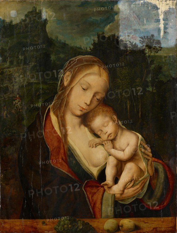 Madonna lactans with sleeping child, 15./16., Century, oil on oak wood, 65.5 x 51 cm, Not specified, Meister der Mansi-Magdalena, (?)