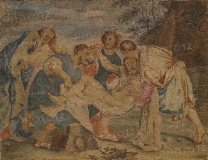 The Entombment of Christ, 16./18., Century, tempera on canvas, 61 x 78 cm, on the stone block bottom left: Après le tableau de Titian ... [hard to read], Tizian (Vecellio, Tiziano), (Kopie nach / copy after), Pieve di Cadore um 1485/90 (?) –1576 Venedig