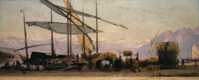 Le Déchargement de foin a Ouchy, 1867, oil on canvas, 51.3 x 125.4 cm, signed and dated lower left: F. BOCION., P.XT [xt superscript] 1867, François Louis David Bocion, Lausanne 1828–1890 Lausanne