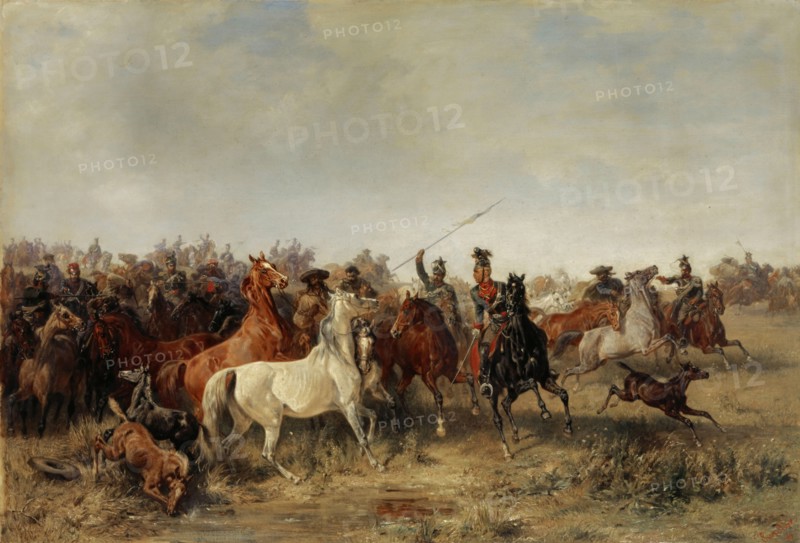Uhlans hunt down a herd of horses from Honved Hussars, 1863, oil on canvas, 83.5 x 121.8 cm, signed and dated lower right: Franz Adam, 63, Franz Adam, Mailand 1815–1886 München