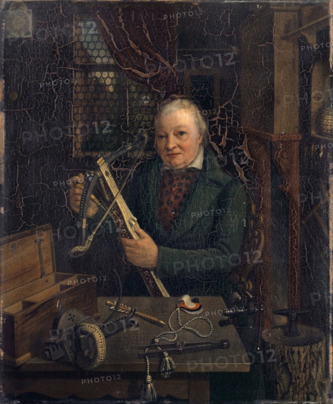 Portrait of the Last Armbruster to Basel, Johann Heinrich Bienz, 1838, oil on panel, 40 x 33 cm, monogrammed on the anvil on the right edge of the picture: RB, Rudolf Braun, 1788–1857, tätig in Basel