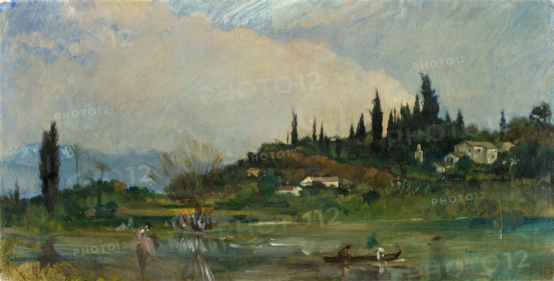 North American landscape near a pond, oil on canvas, mounted on cardboard, canvas: 24.5 x 48.5 cm, unmarked, Frank Buchser, Feldbrunnen/Solothurn 1828–1890 Feldbrunnen/Solothurn