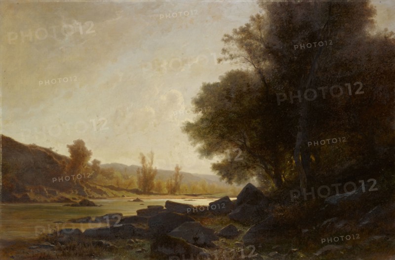 Landscape on the bank of a river, oil on canvas, 63 x 96 cm, Signed lower right: GUSTAVE CASTAN, Gustave Castan, Genf 1823–1892 Crozant/Limousin