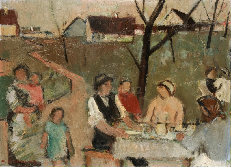 Family at the table in the open air, 1943, oil on board, 25.3 x 34.8 cm, Signed and dated lower left: A. Fiechter 43., Arnold Fiechter, Sissach/Baselland 1879–1943 Basel